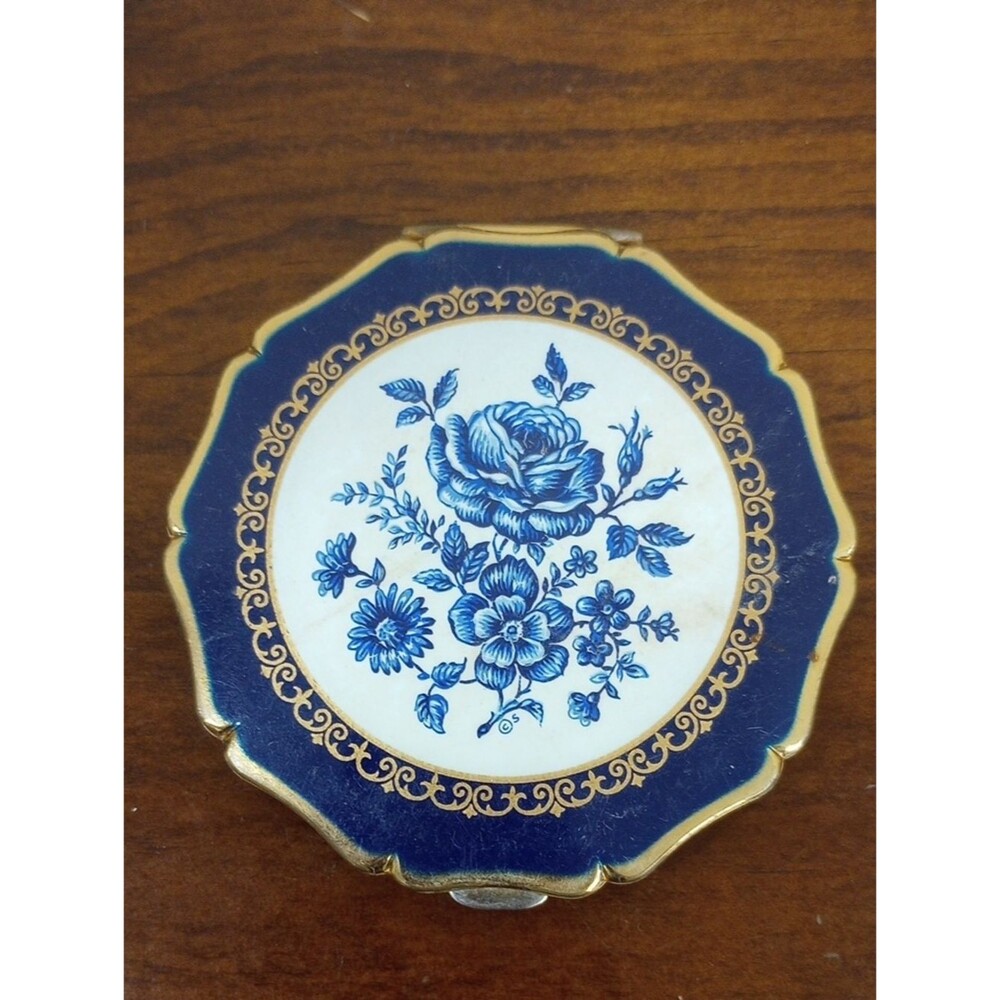 Stratton England Royal Blue Rose Floral Powder Compact - Vintage!